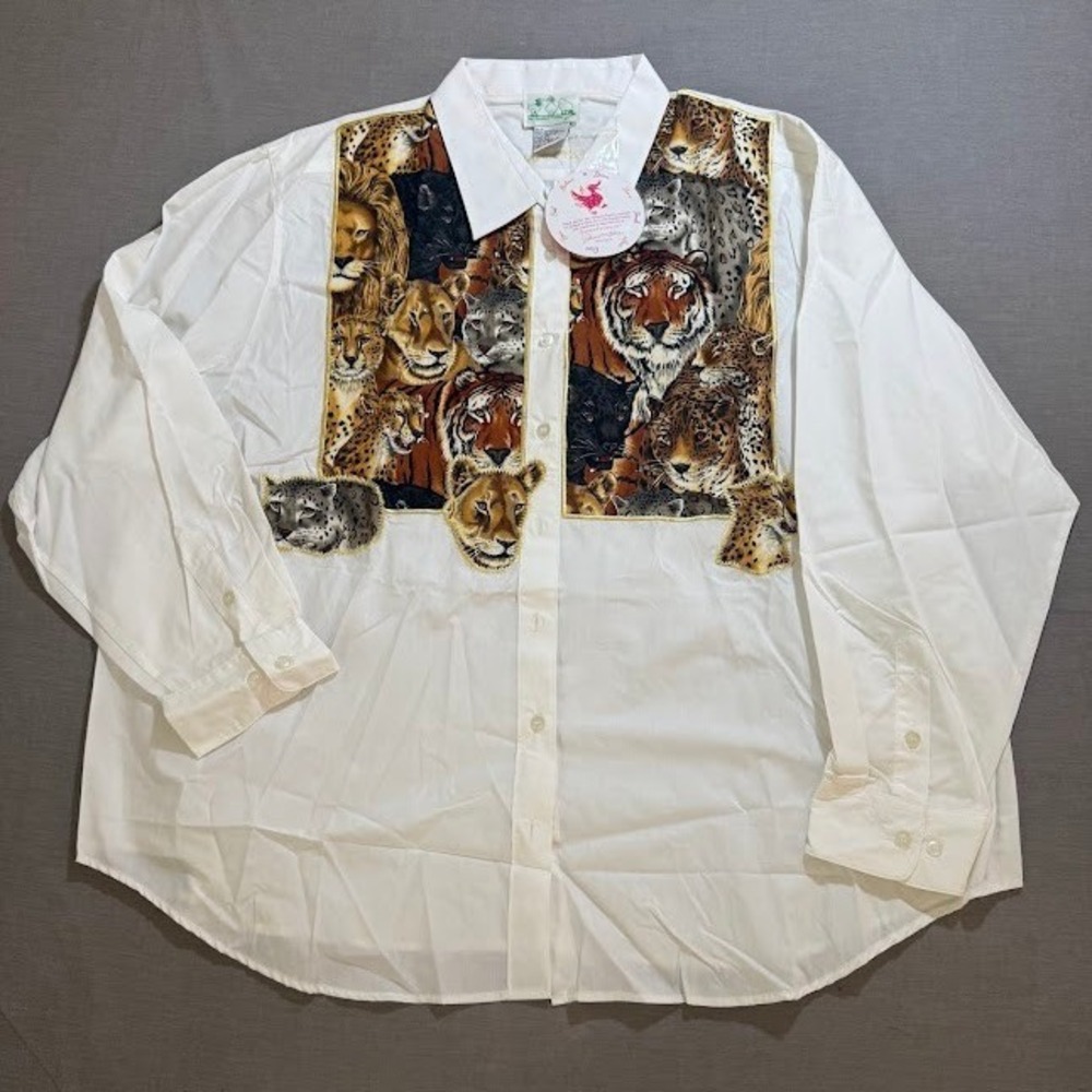 Quaker Factory Big Cats Print Button Shirt Women 3X White Long Sleeve..